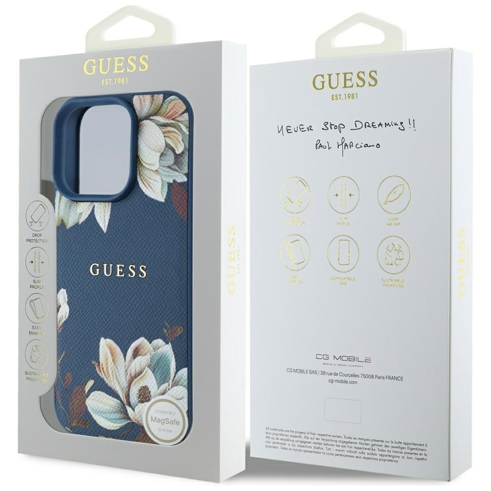 Etui Guess Grained Printed Flower Pattern MagSafe do iPhone 16 Pro niebiesk